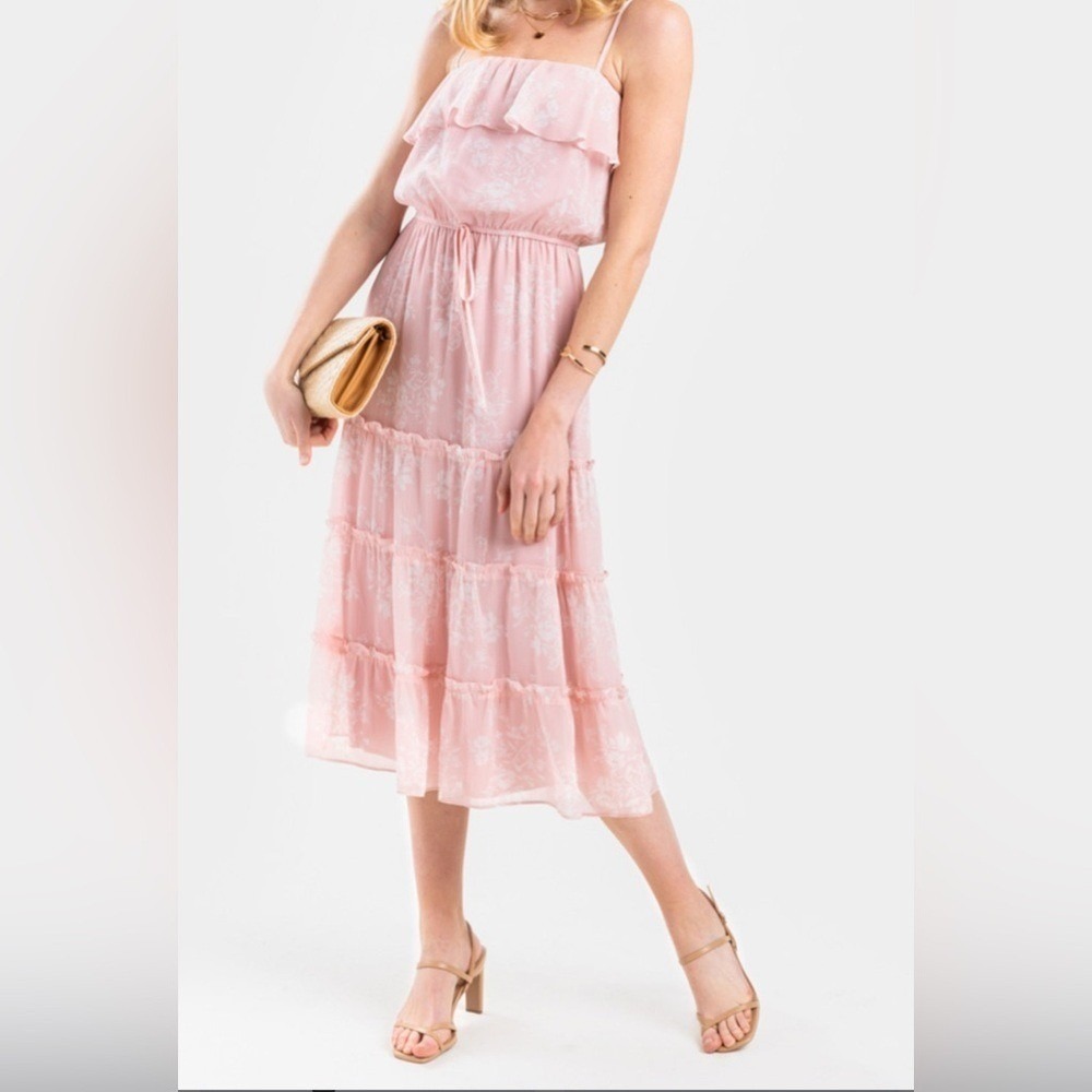 Trixxi Boho Spring Ruffle Layered Midi Dress Adjustable Straps Women's XL‎ EUC